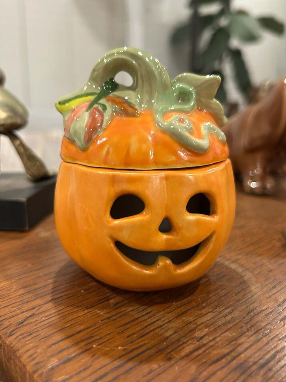 Vintage Ceramic Pumpkin Jack-O-Lantern Candle Holder with Lid